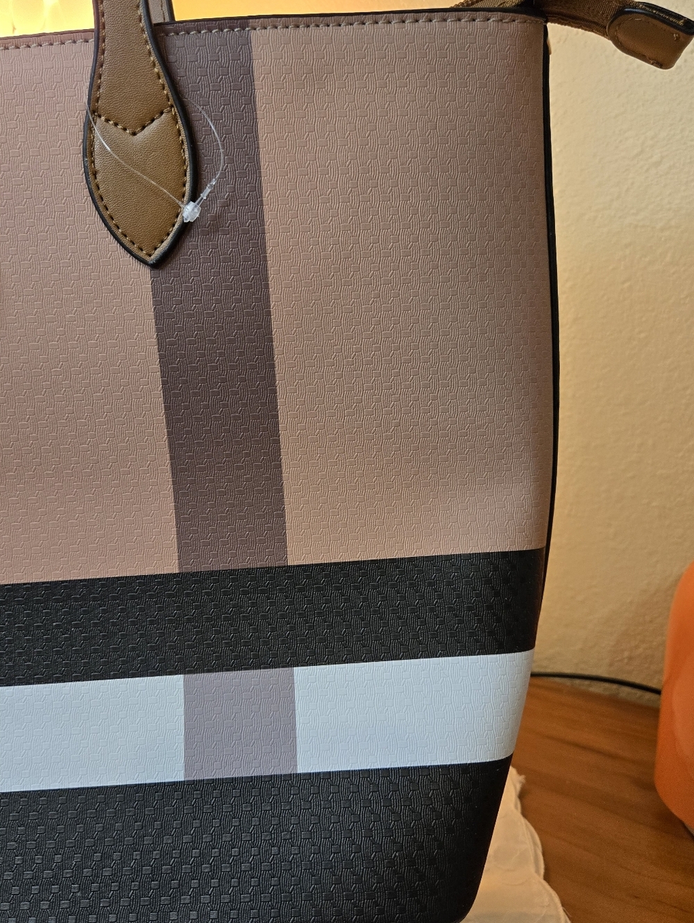 Deluxity Like New Taupe and Black Stripe Tote Bag with Gold Emblem - Picture 10 of 11